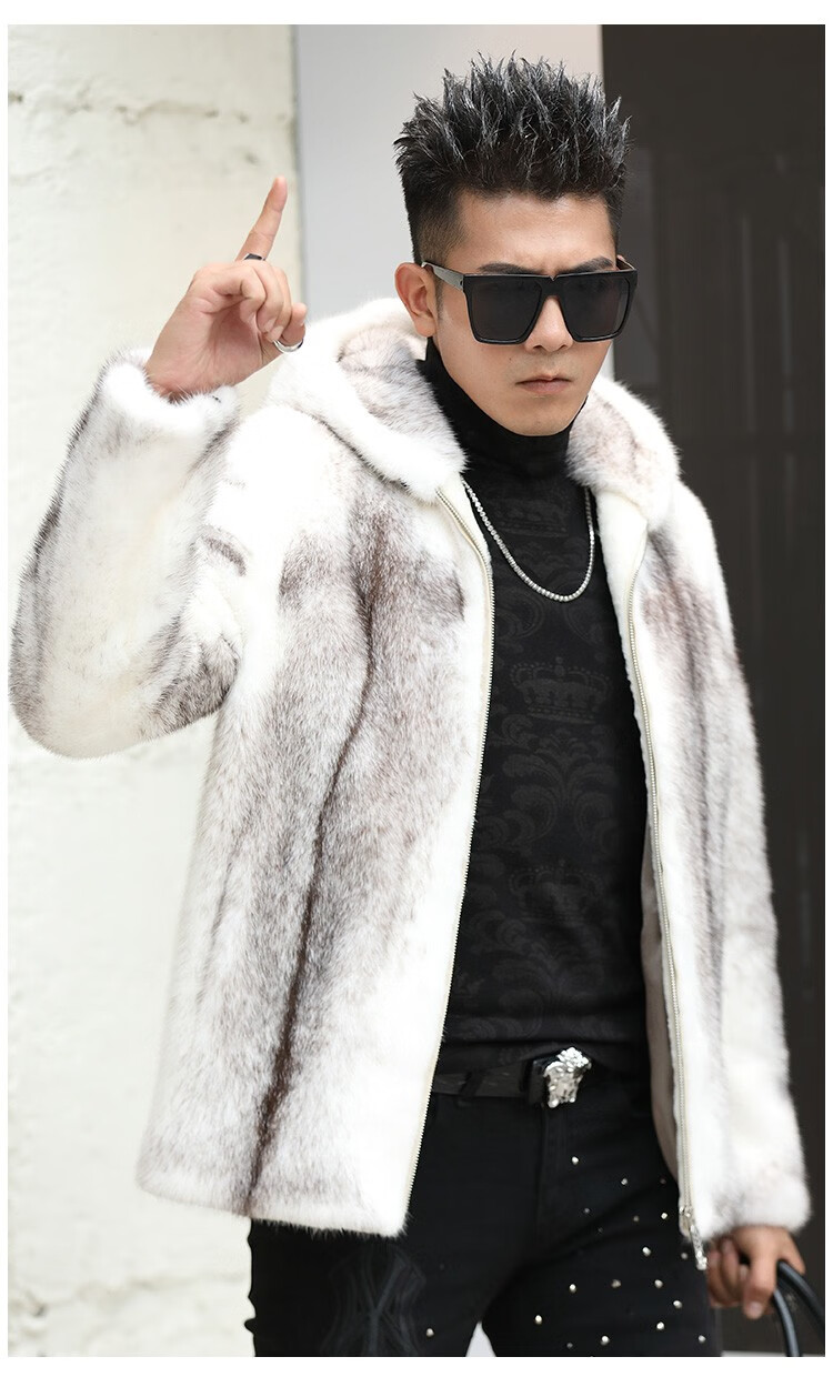 法唯莎高端奢侈品牌男装貂皮大衣男秋冬季天鹅绒整貂十字貂本色连帽短