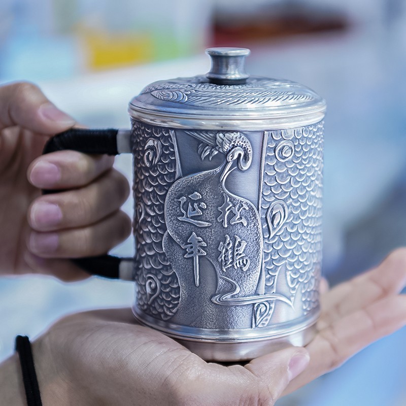 良平 银茶杯马克杯银杯子999纯银雪花银 足银杯办公杯家用银器 自用