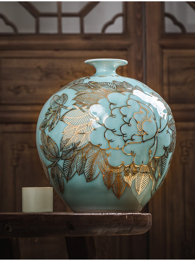 如青景德镇陶瓷器青釉花瓶新中式轻奢描金牡丹荷花家居摆件手绘石榴瓶