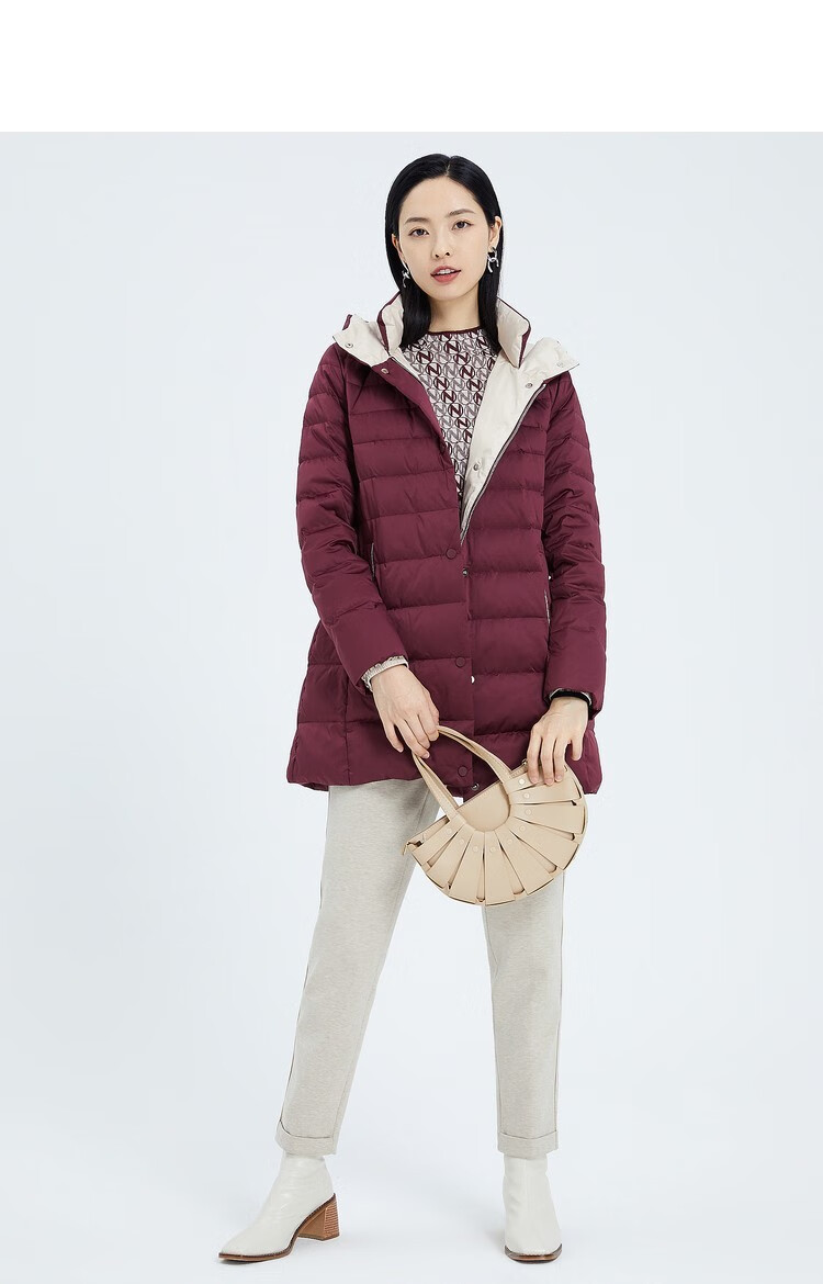 娜尔思白鸭绒连帽休闲中长款羽绒服女秋冬新款休闲保暖外套 深紫罗兰