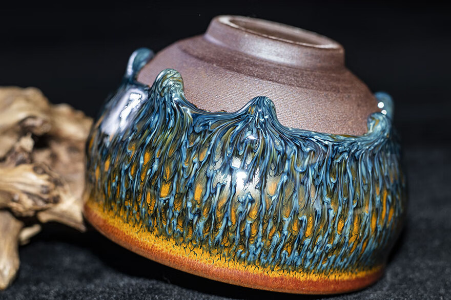 多颗釉泪金丝蓝孔雀曹伟俊建阳建盏礼盒装口径9b64