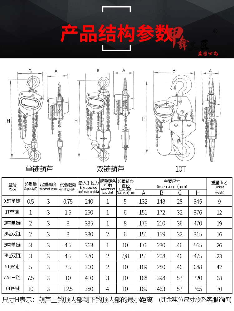 手拉葫芦1t2t3t5t10吨起重吊葫芦升降家用葫芦吊机手动葫芦倒链 全