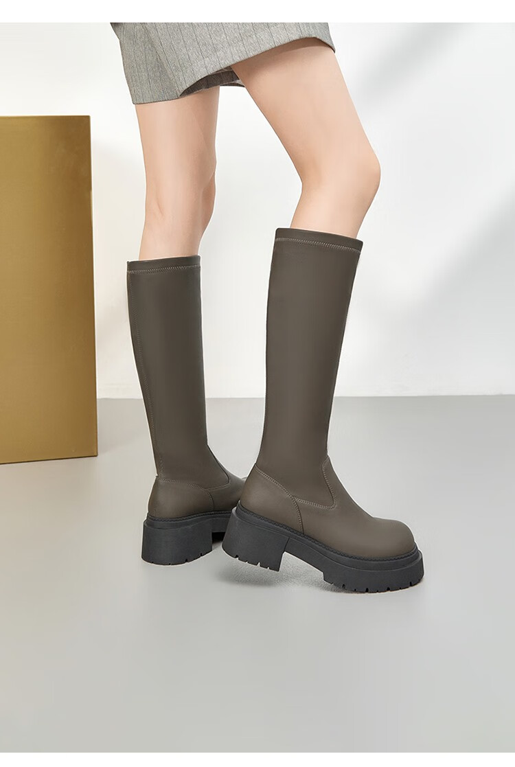 卓诗尼靴子长靴女2022年秋冬新款高跟骑士靴粗跟气质不过膝长筒靴女