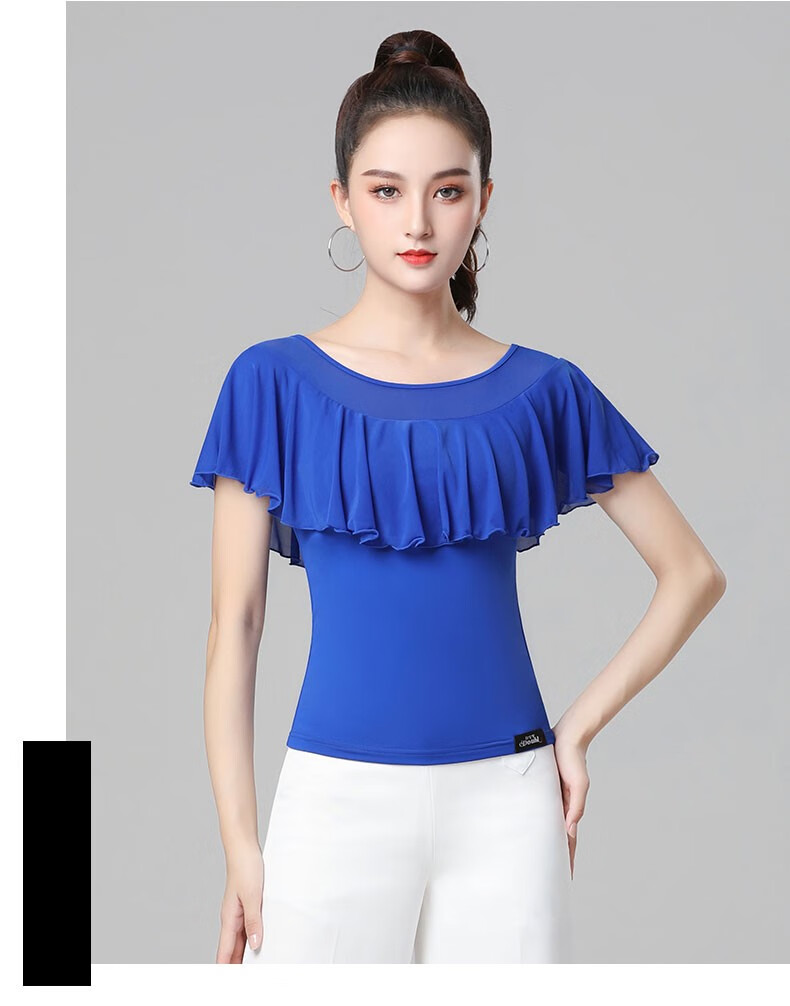 华尔兹上衣荷叶边舞衣蓝色短袖跳舞衣服摩登舞练功服交谊舞女冰丝网纱