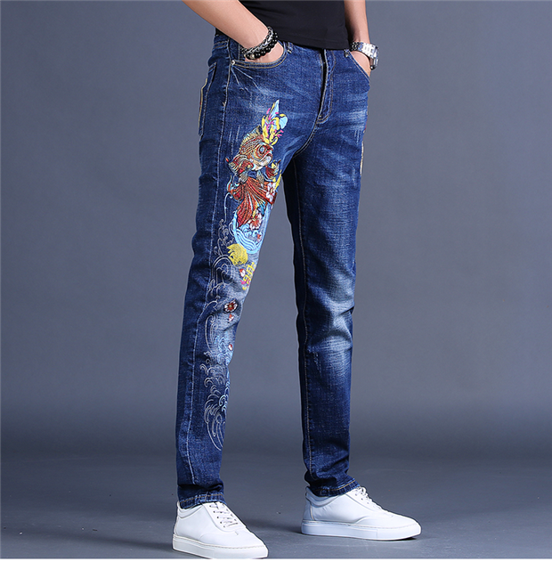 启川男士高端中国风绣花牛仔裤2021新款秋季潮牌刺绣男修身小脚休闲