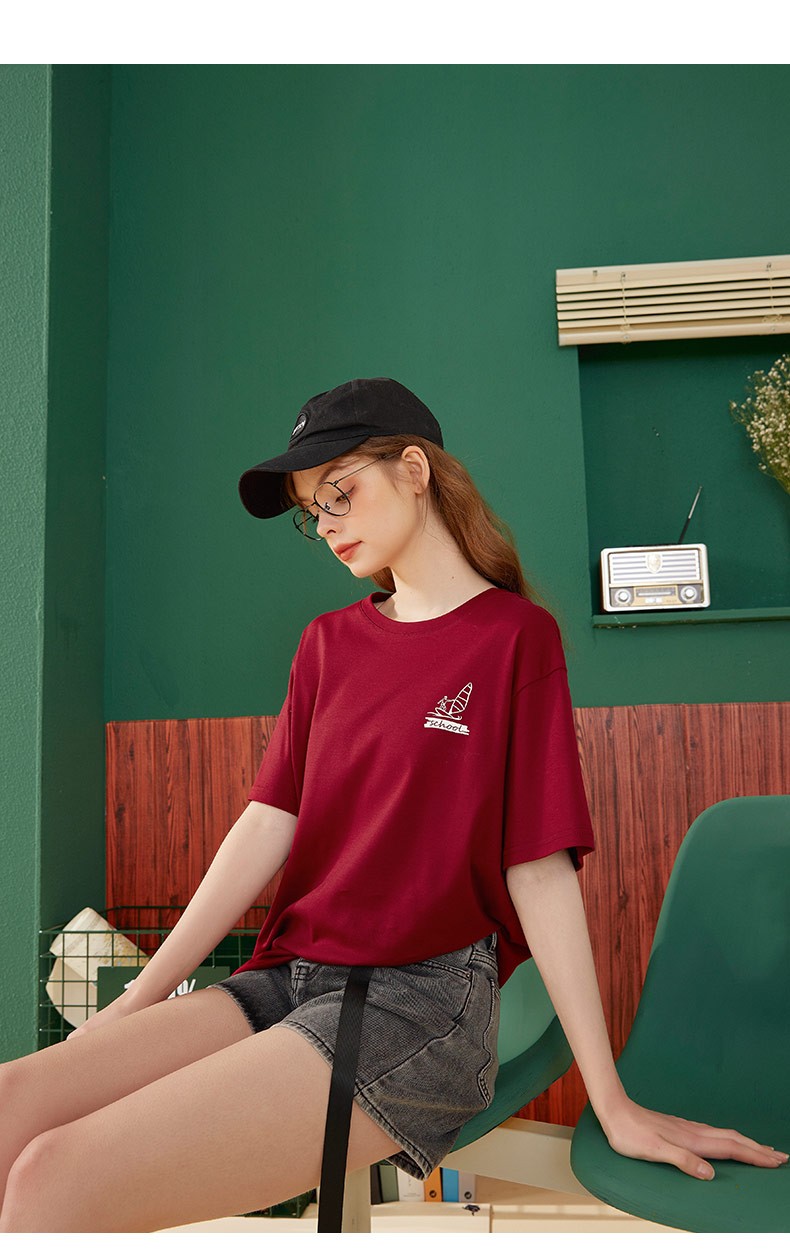 库恩玛维洋气酒红色短袖t恤女夏季2022年新款宽松半袖时尚上衣学生k6