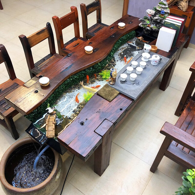 杞沐老船木流水养鱼茶桌椅组合功夫茶几实木禅意茶台组合鱼缸茶具一体