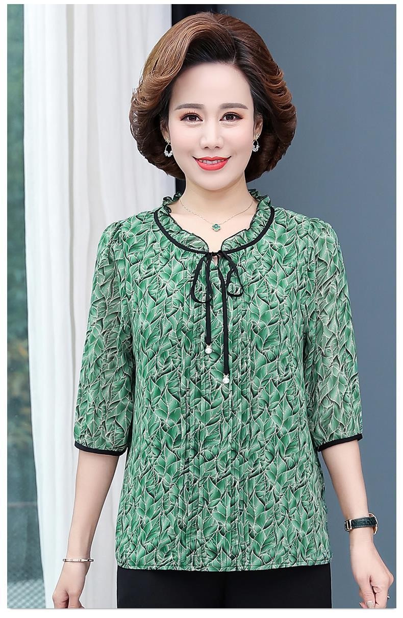洽淮中老年女装妈妈装2021新款夏装短袖t恤衫中老年女碎花雪纺上衣大