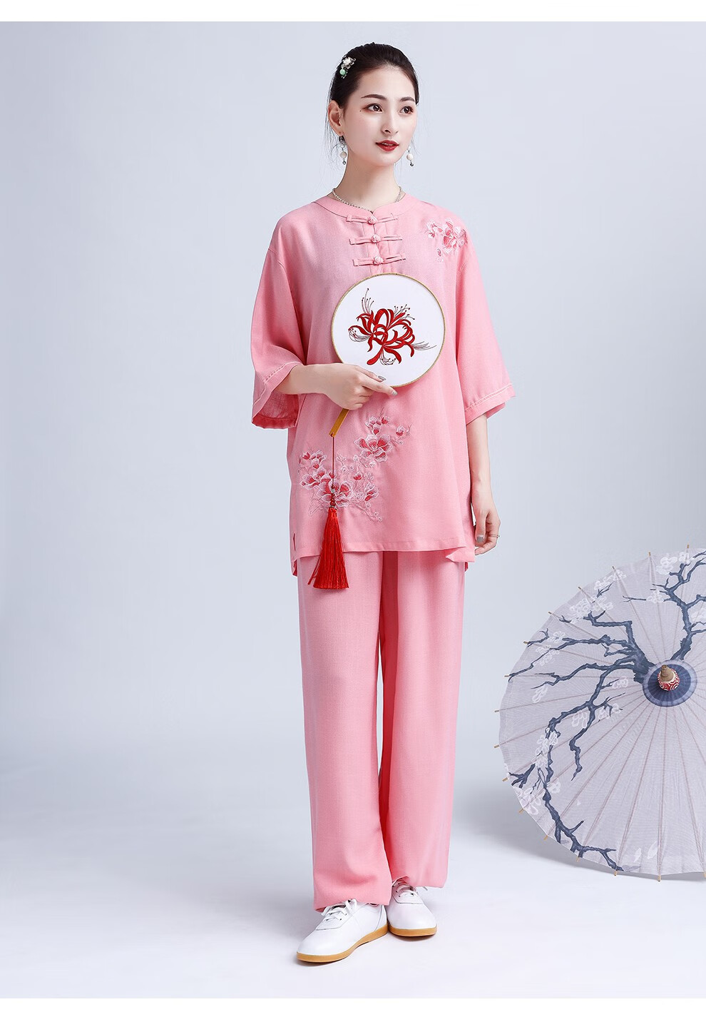 短袖刺绣新款玉兰花太极拳比赛武术运动服装橘色棉麻玉兰绣花短袖jxs