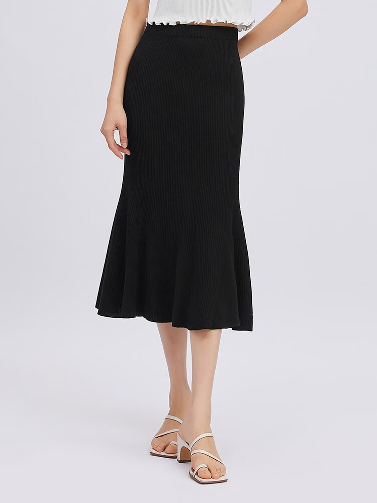 哥弟女装2021秋季新款松紧腰针织修身鱼尾裙中长款半身裙女a200113 黑