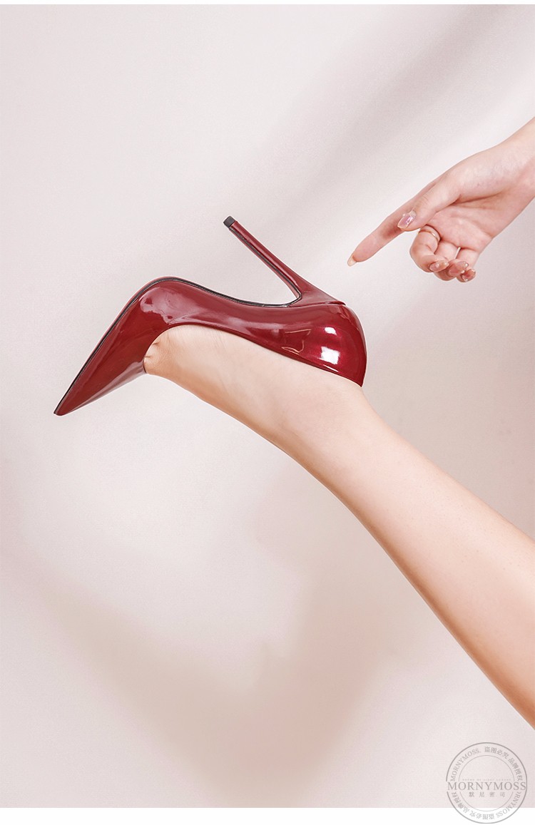 mornymoss品牌红底高跟鞋新款漆皮大码高跟鞋性感名媛尖头女单鞋白色