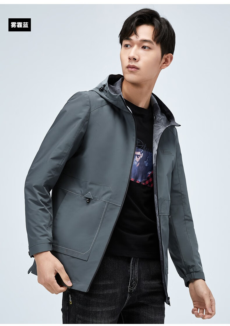 罗蒙连帽夹克男新款青年上衣商务休闲百搭男士外套男黑色175适合120