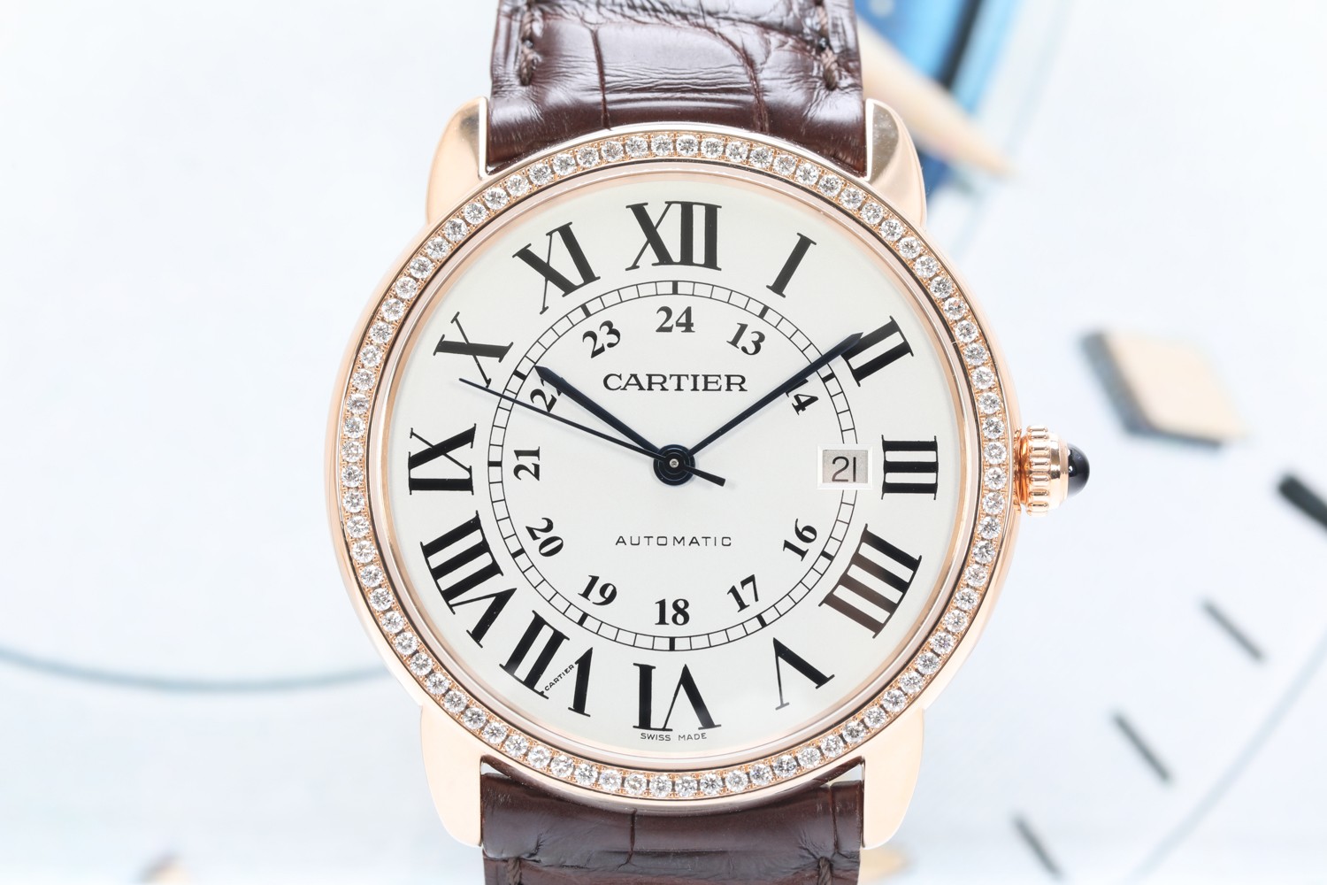 二手95新卡地亚w670100942mm表径18k玫瑰金后镶钻自动机械男士腕表