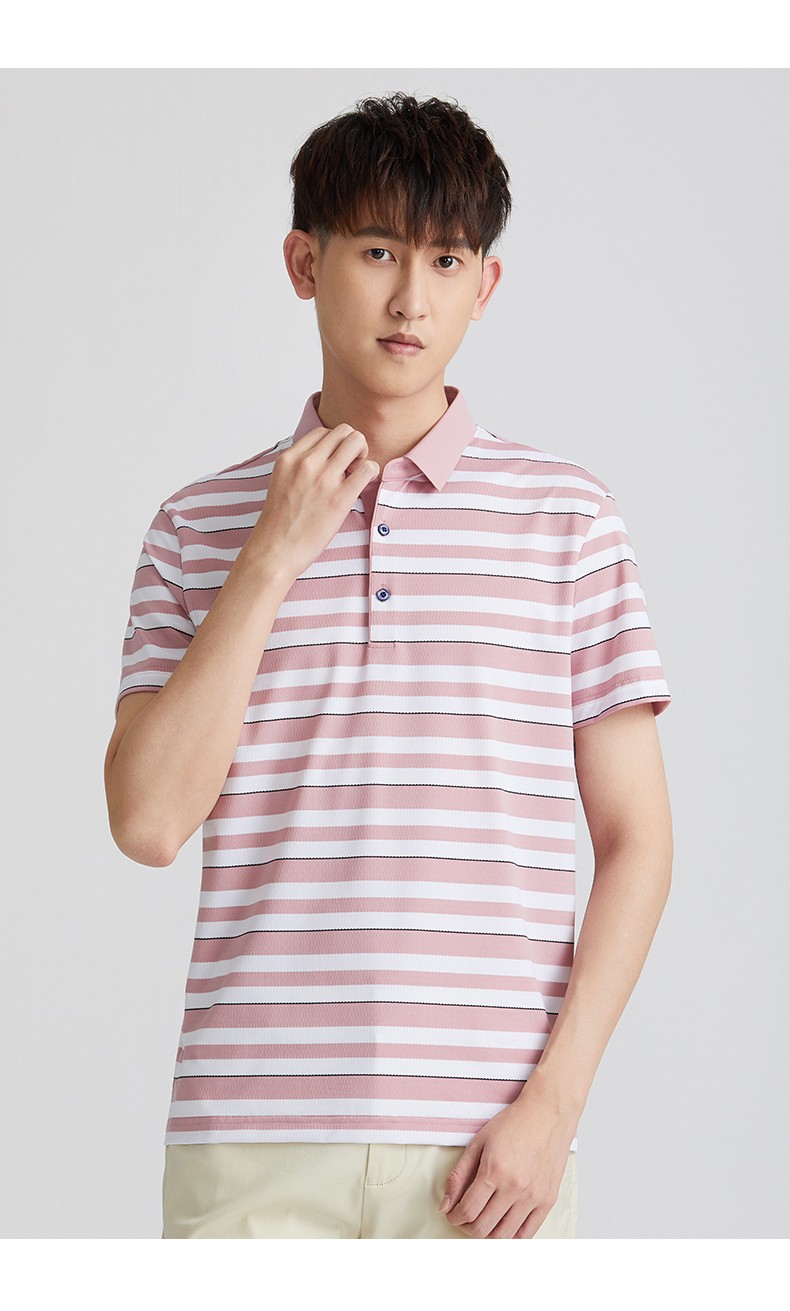群豪男装新款夏季polo男士短袖翻领t恤时尚休闲条纹体恤男上衣潮 粉红