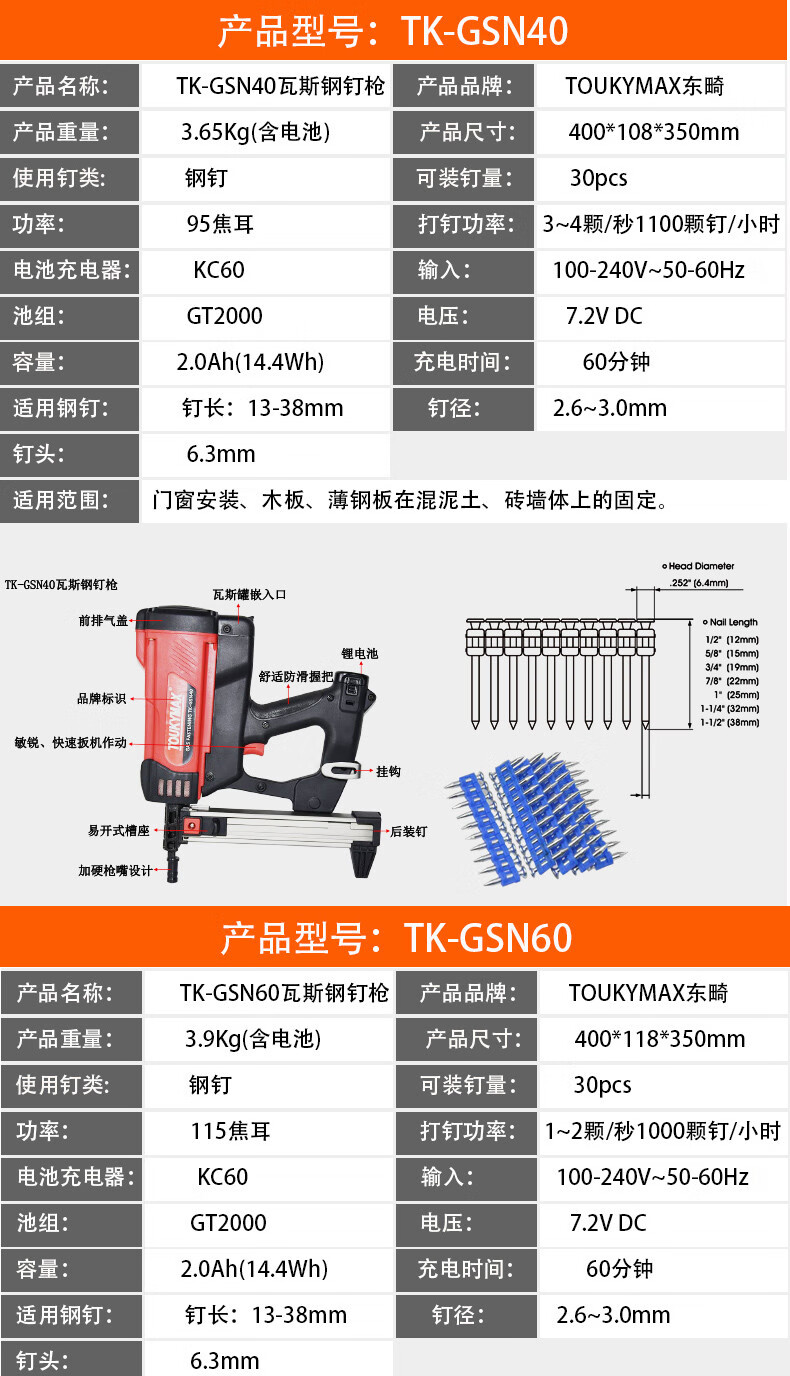 台湾toukymax东畸tkgsn4060瓦斯射钉枪水泥墙壁混泥土钢钉枪瓦斯射钉