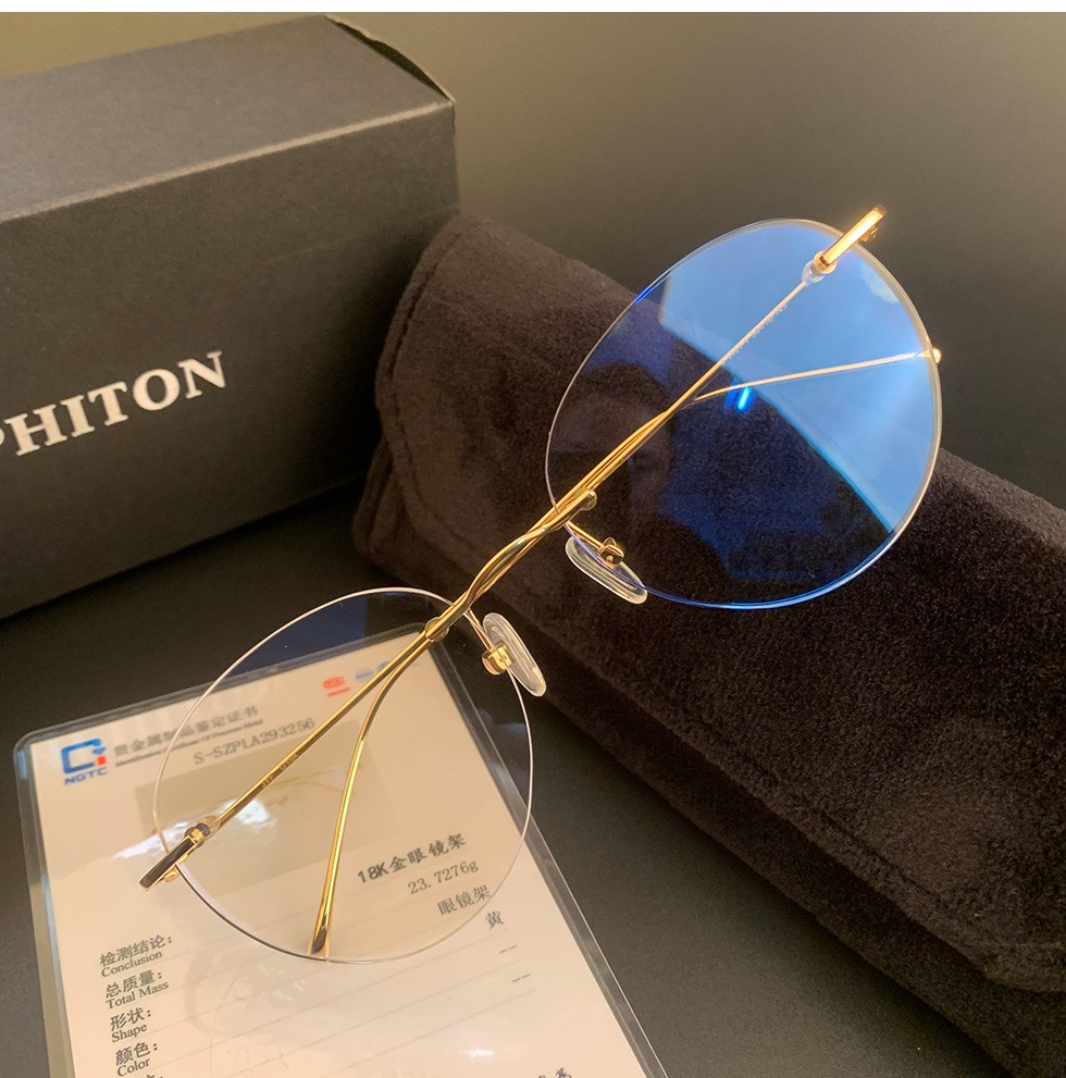 黄金精品无框椭圆形纯金眼镜框定制18k黄金眼镜架老板总裁商务私人