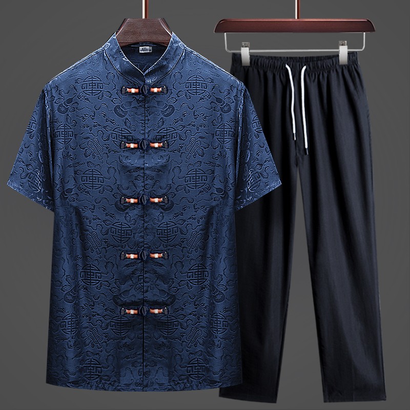 唐装男中老年夏季丝绸爸爸中国风冰丝中式老人衣服短袖套装灰色禧扇葫