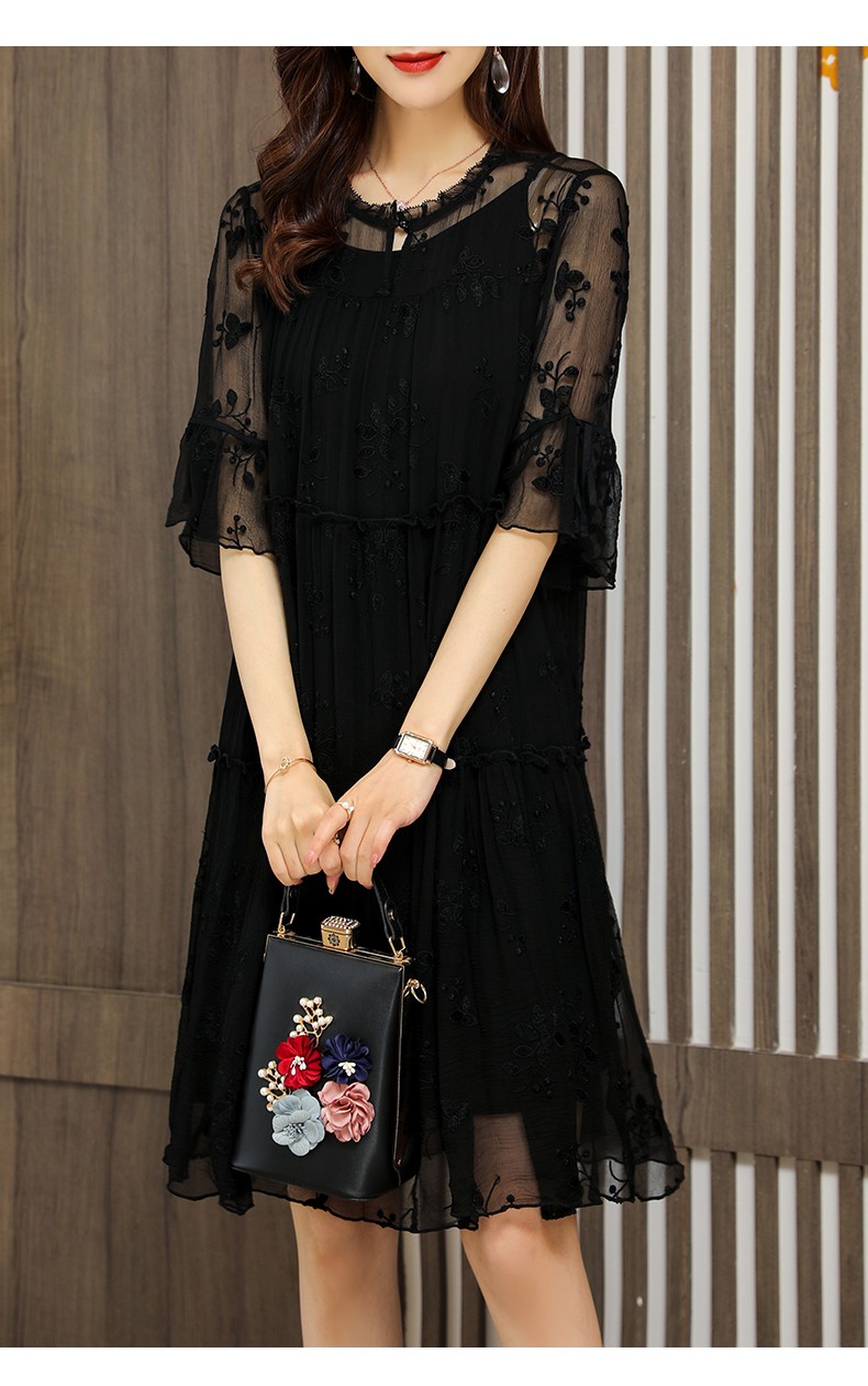 ctns轻奢品牌黑色真丝连衣裙女2021春夏新款宽松显瘦桑蚕丝裙子 黑色