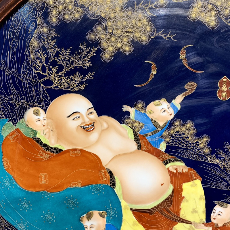 xf33精品实木雕刻老框镶瓷板画纯手绘掐丝珐琅五子闹佛天园地方三折