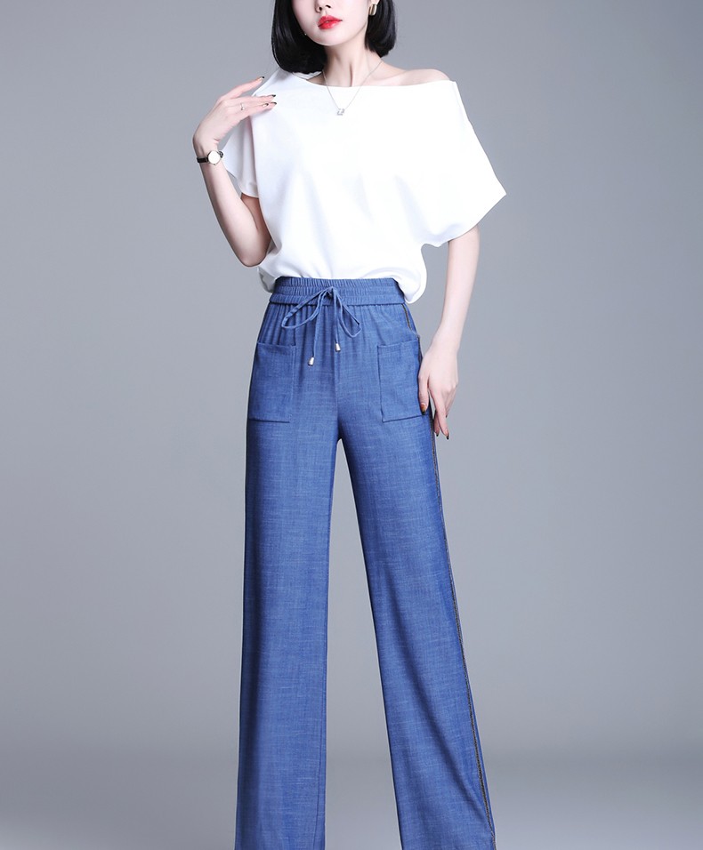 林羽森天丝牛仔阔腿裤女夏季高腰垂感宽松直筒休闲裤薄款九分裤蓝色