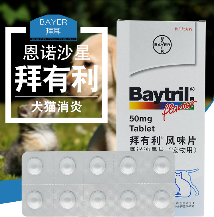 7仓直发防伪可查拜耳拜有利风味片整盒10粒恩诺沙星片猫狗皮肤细菌