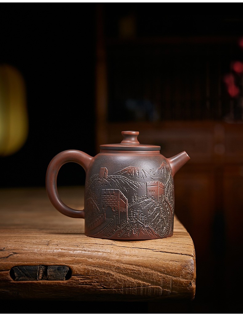 此时此刻钦州坭兴陶茶壶浮雕长城名家雷套凡纯手工大容量泥兴陶窑变壶