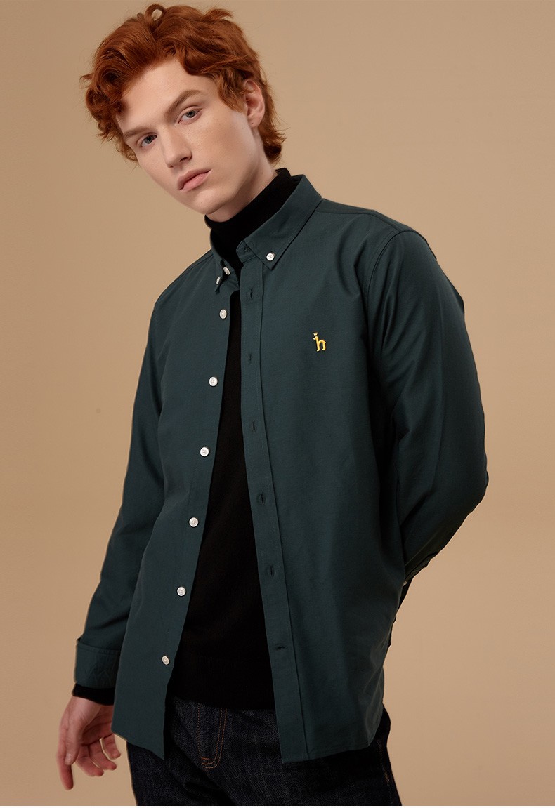 哈吉斯hazzys秋季长袖衬衫男朝气休闲挺拔长袖衬衫asczk10ck06深绿色