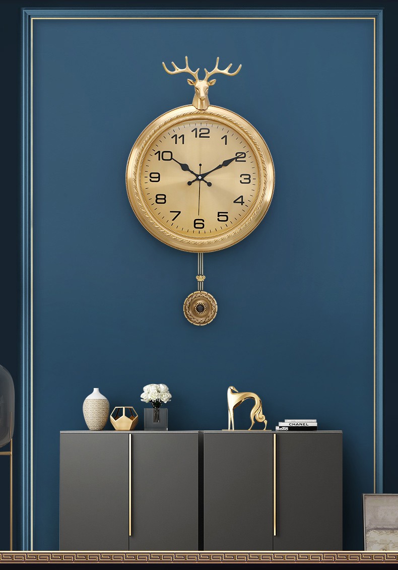 宝洛雷希 欧式轻奢挂钟家用客厅背景墙时钟创意黄铜鹿头挂墙钟表玄关