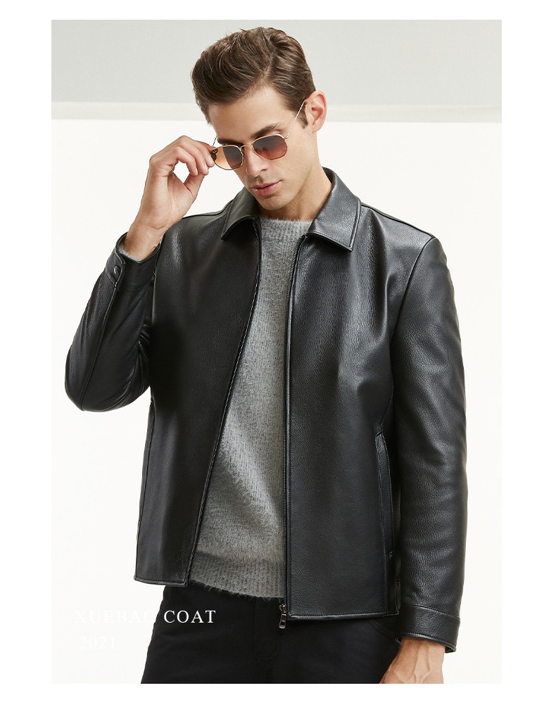 雪豹真皮皮衣男秋冬鹿皮翻领男士商务休闲夹克外套黑色17092a48