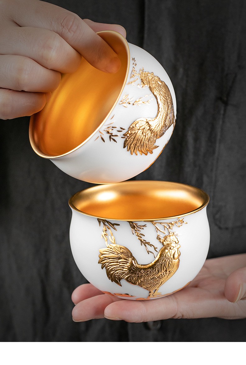 夏茗堂李斌24k金杯羊脂玉瓷黄金盏杯陶瓷功夫茶具纯手