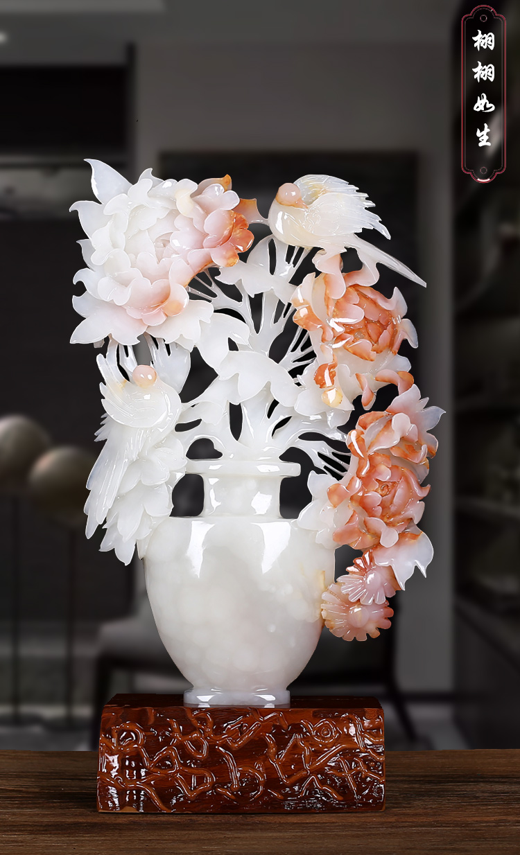 玺翰雅 天然玉石花开富贵玉雕摆件客厅办公室玄关柜台装饰品高档工艺