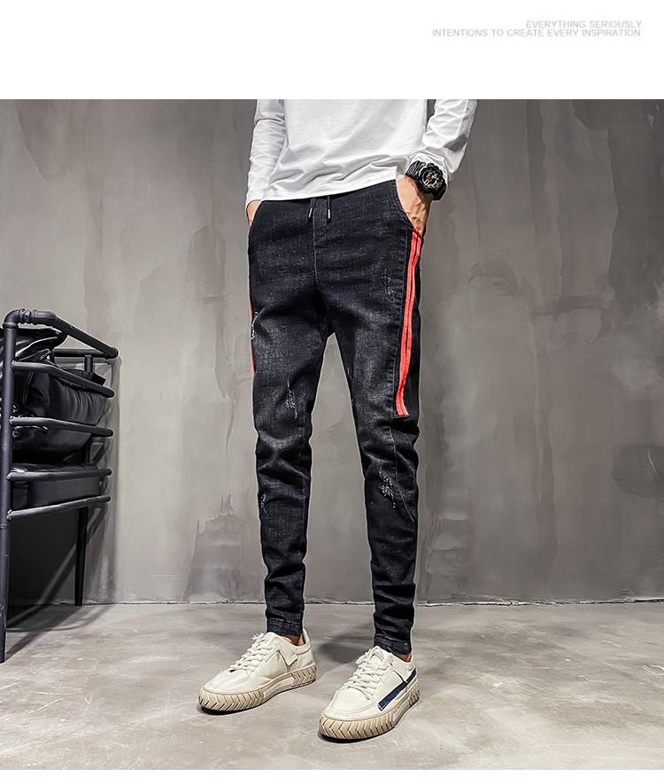 凡迪时尚秋冬男拼条牛仔长裤精神小伙束脚修身小脚哈伦裤男冬季新增加