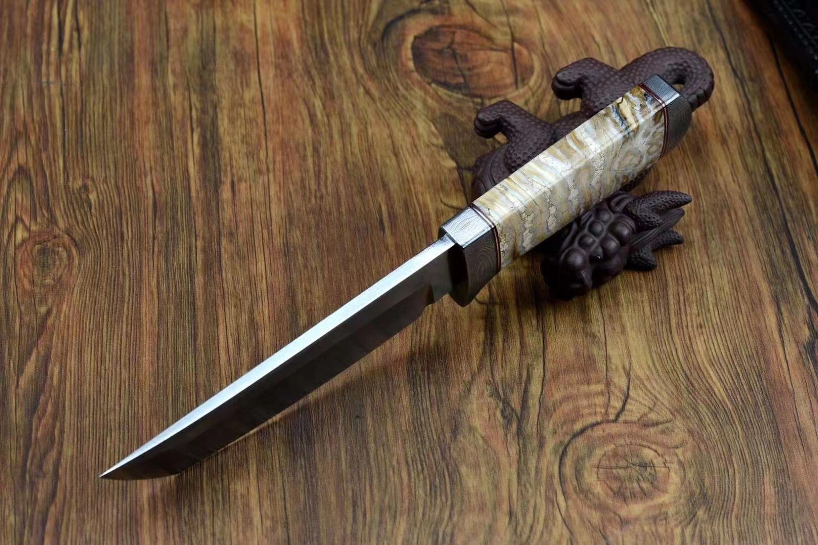 雨轩户外乌兹钢日式短刀古印度乌兹钢刀猛犸牙臼齿化石刀柄大马士革钢