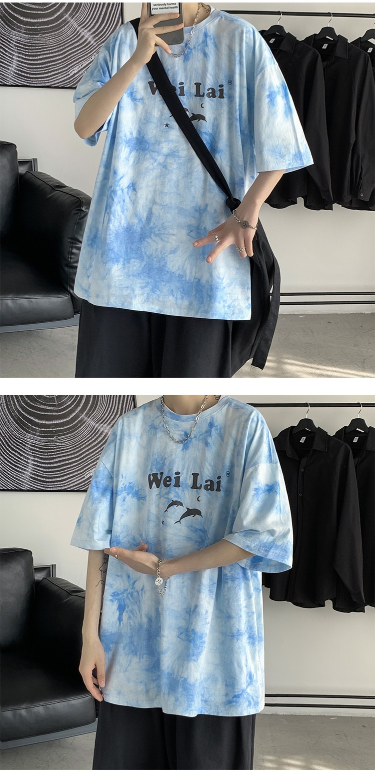 短袖t恤男七分袖韩版超火的潮流宽松五分袖帅气扎染t恤白色s