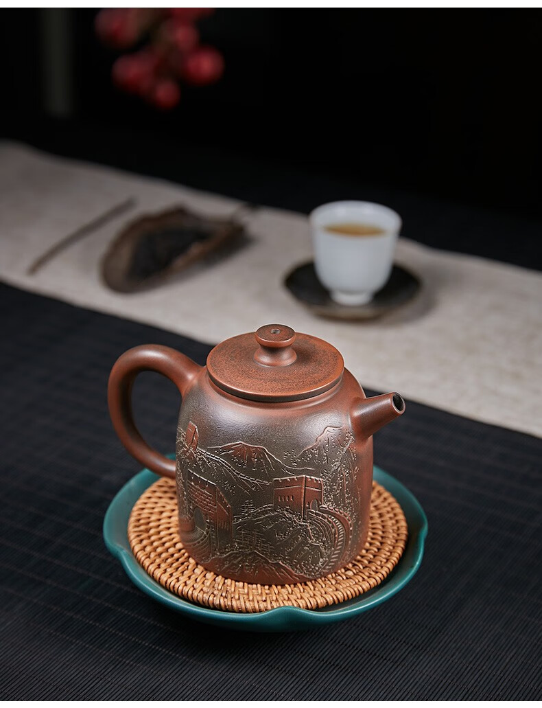 此时此刻钦州坭兴陶茶壶浮雕长城名家雷套凡纯手工大容量泥兴陶窑变壶