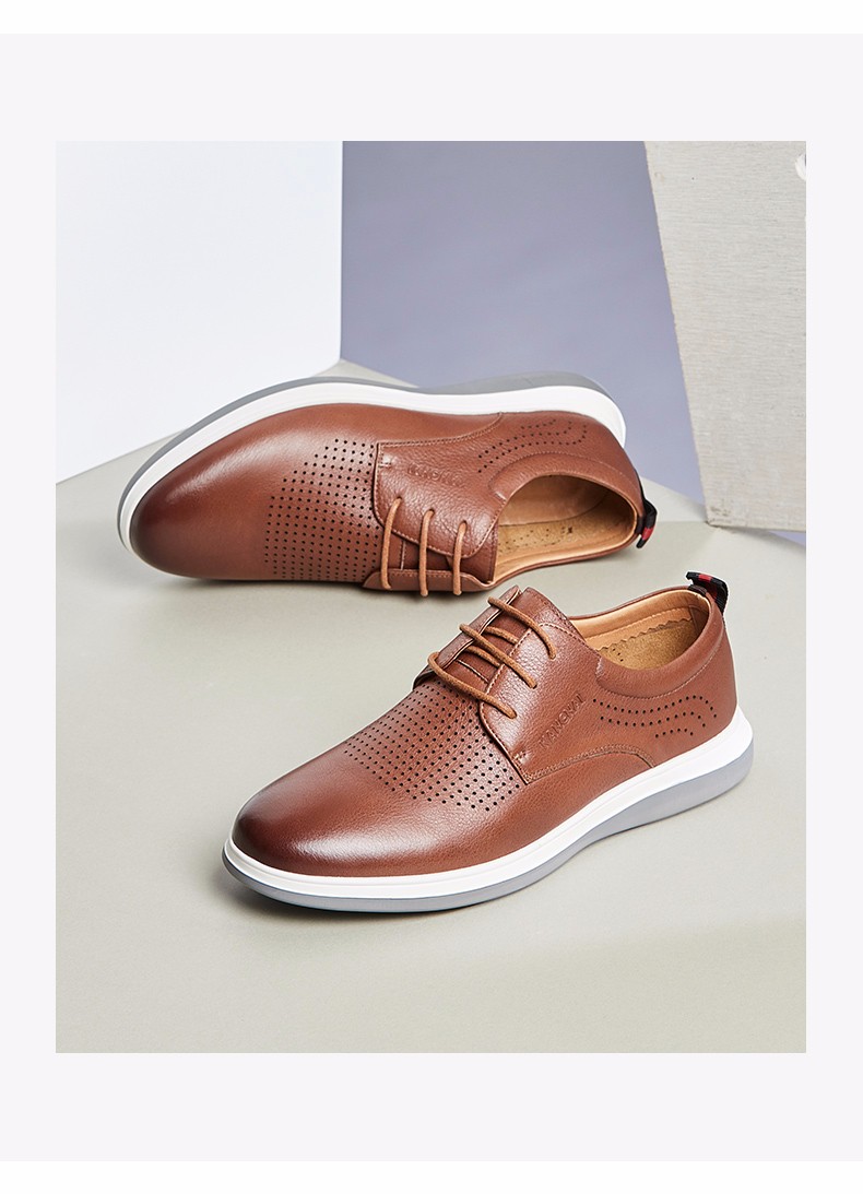 康奈男鞋夏季男士新款休闲鞋时尚轻质圆头镂空皮鞋百搭系带休闲皮鞋