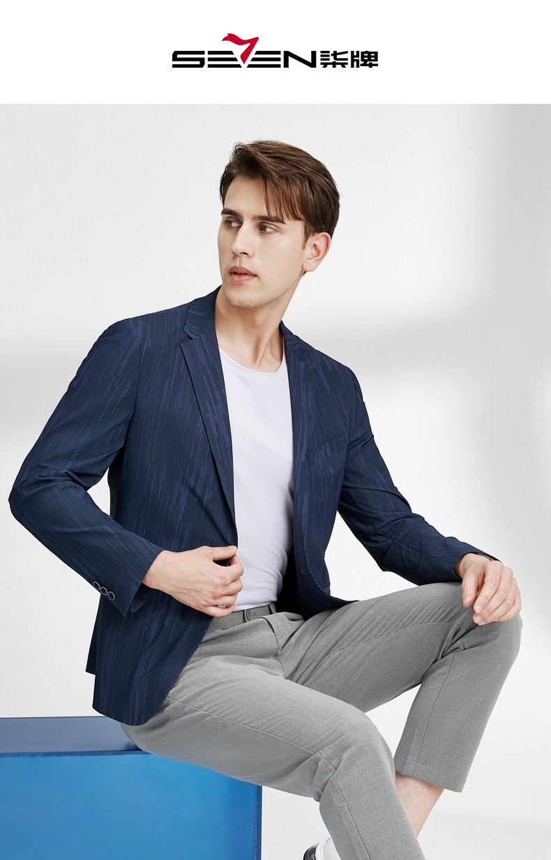 柒牌男士弹力西服针织条纹2022春季新款商务休闲修身小西装外套深蓝b