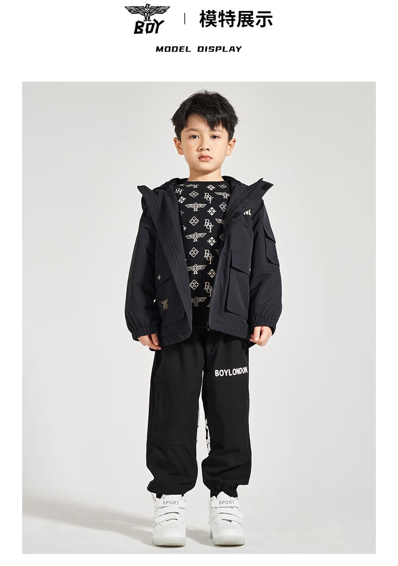 boylondon潮牌男女童装连帽夹克外套宽松舒适柔软经典logok23015 黑色