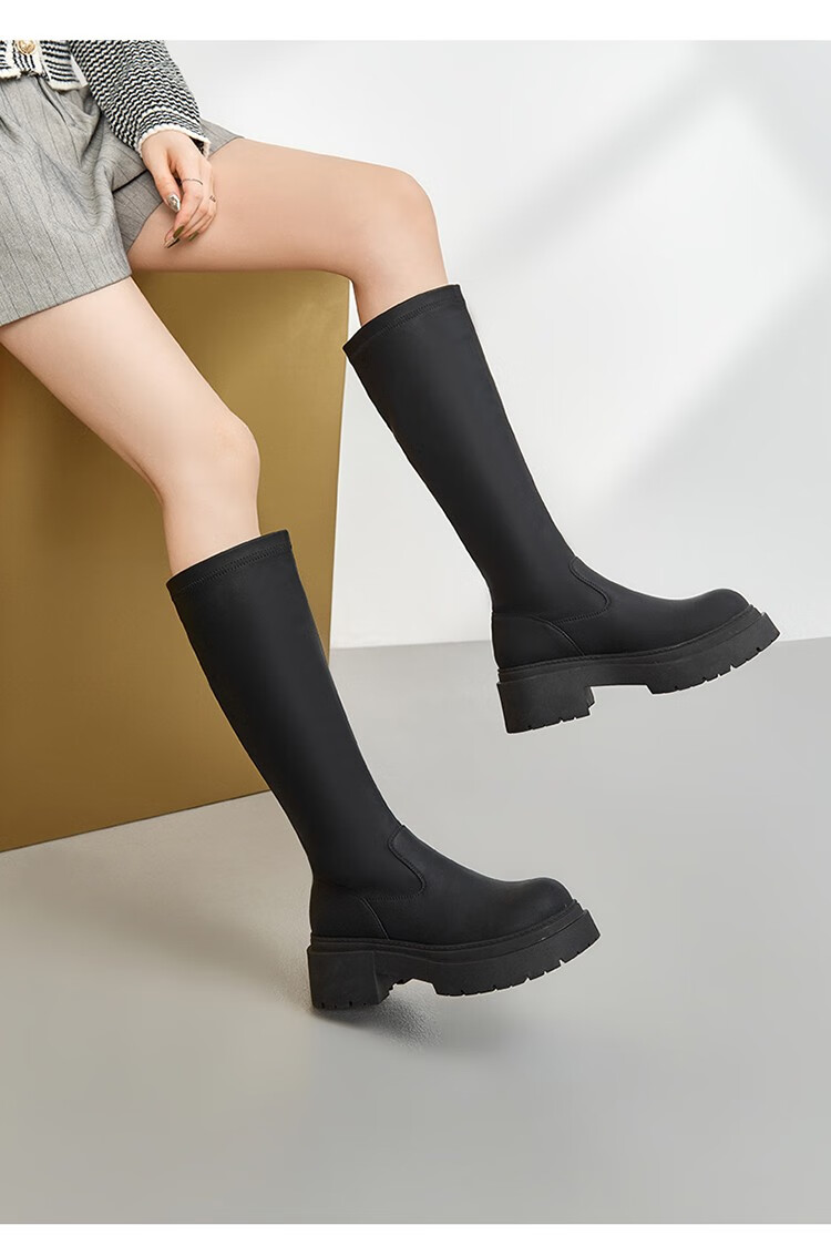 卓诗尼靴子长靴女2022年秋冬新款高跟骑士靴粗跟气质不过膝长筒靴女