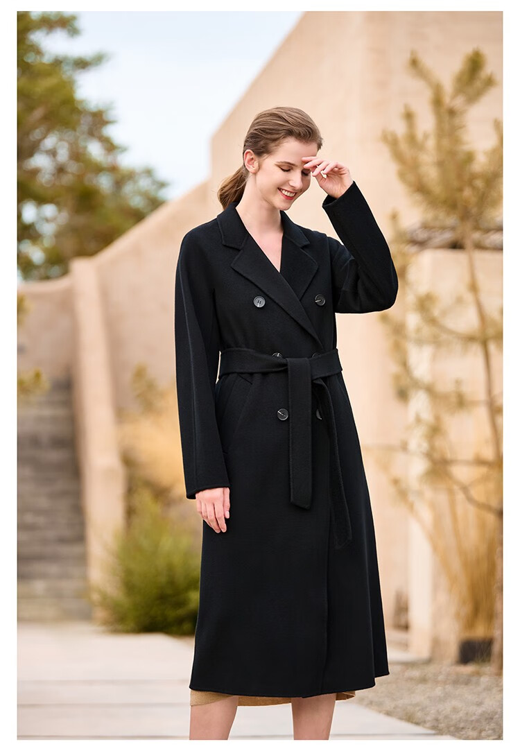 瑟俐品牌高端黑色101801水波纹双面纯羊绒大衣女中长款羊毛呢外套秋新