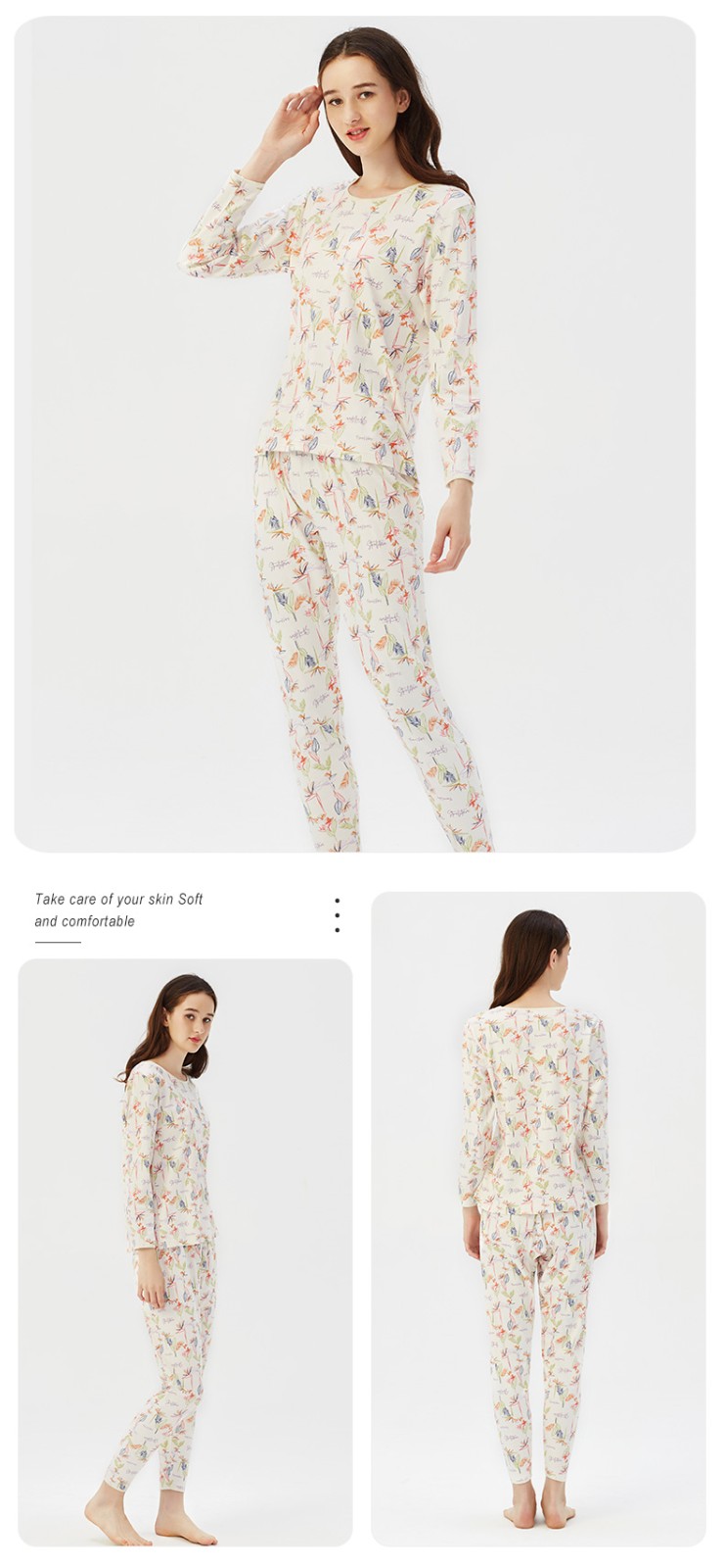 铜牛内衣秋衣秋裤女纯棉圆领长袖秋衣秋裤套装基础保暖套装vn031粉梦