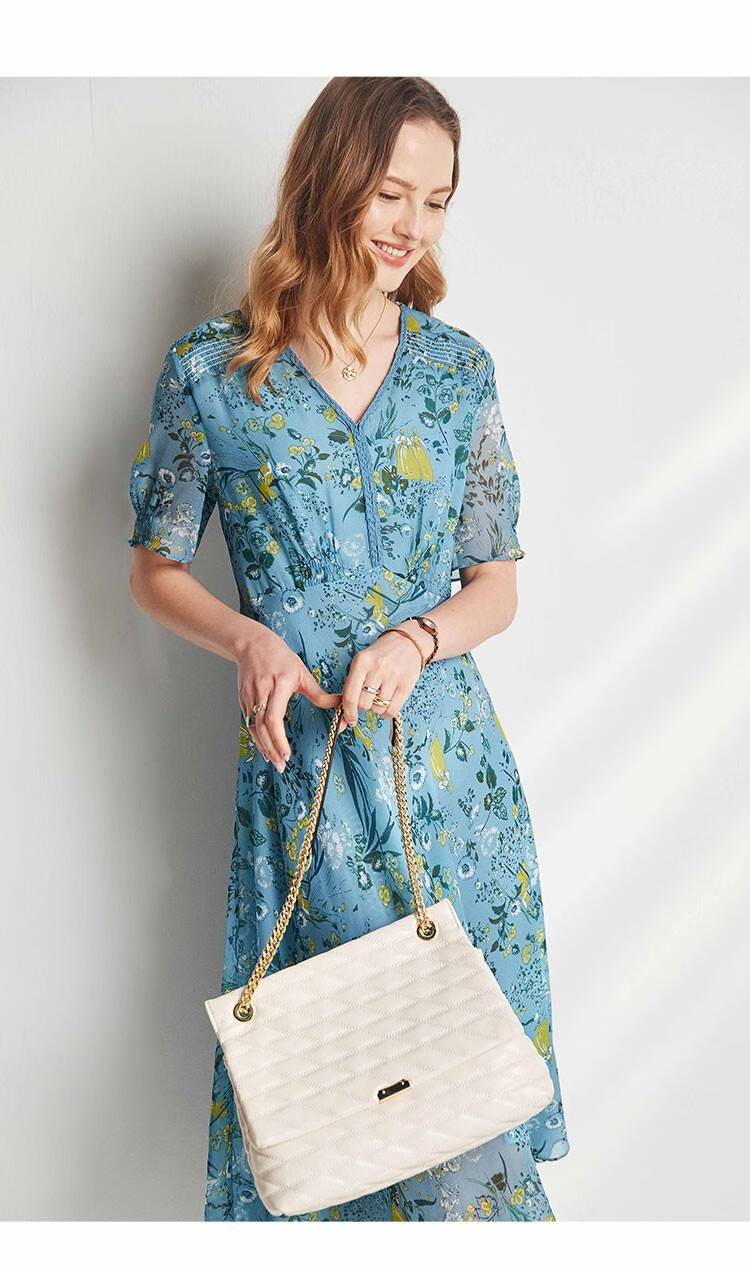 帕罗连衣裙真丝女100桑蚕丝v领碎花蕾丝裙多色甜美中长裙es2507l蓝色