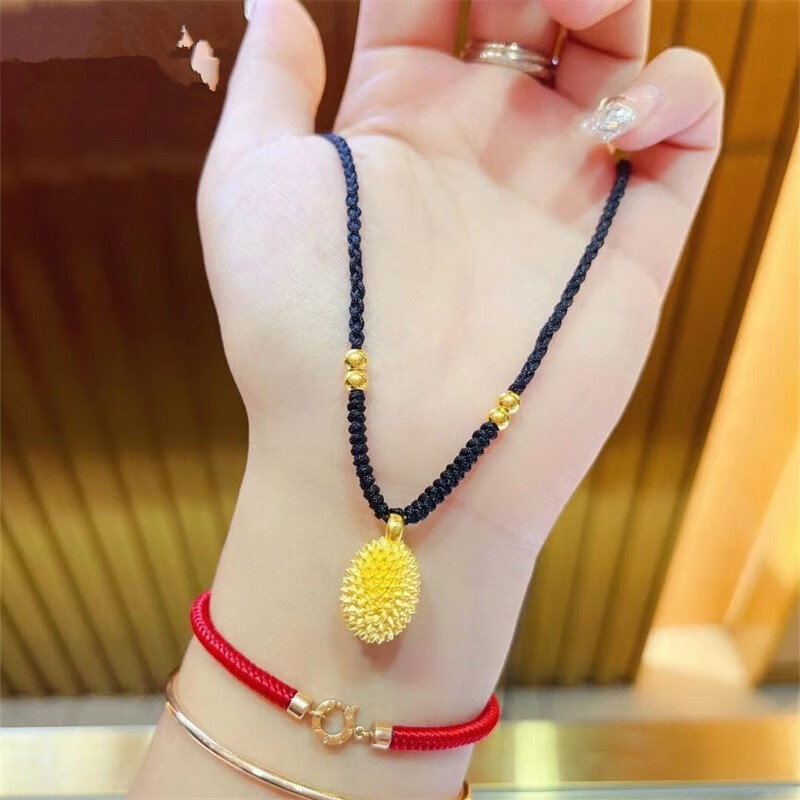 杜尊珠宝黄金吊坠999足金榴莲金坠子5d硬金榴莲忘返项链编绳锁骨链