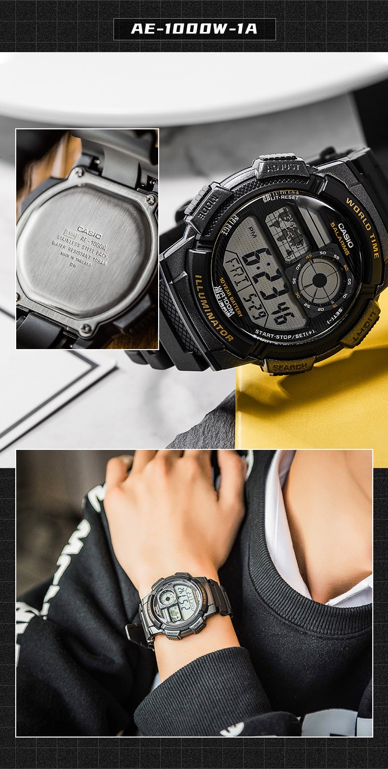 卡西欧(casio)男表小方块手表 胡一天同款学生休闲运动钢带手表 多