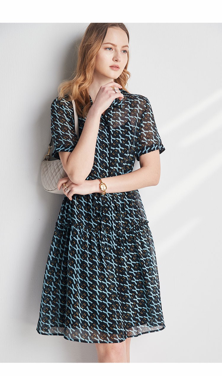 帕罗连衣裙真丝女式裙子时尚印花气质优雅中一步裙短袖es2292yy深蓝m