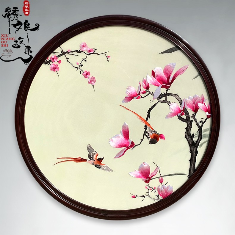 绣娘故事苏州刺绣画手工绣桑蚕丝线绣画玉兰花鸟玄关书房卧室圆形装饰