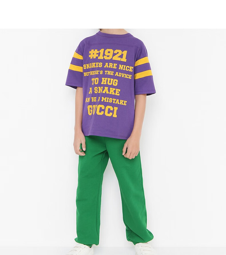 gucci古驰gg1921童装黄色字母袖边条纹紫色棉质圆领短袖t恤紫色8years