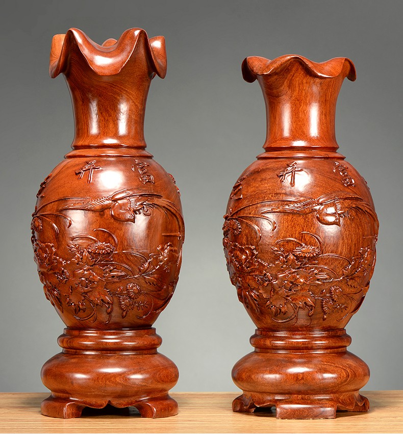 名态 黄花梨木雕花瓶摆件一对客厅插花家居中式大号红木雕刻工艺品送