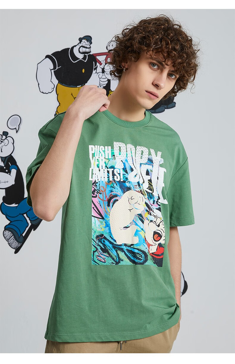 popeye大力水手联名男纯棉透气t恤衫21年春季新款樱花粉时尚短袖运动