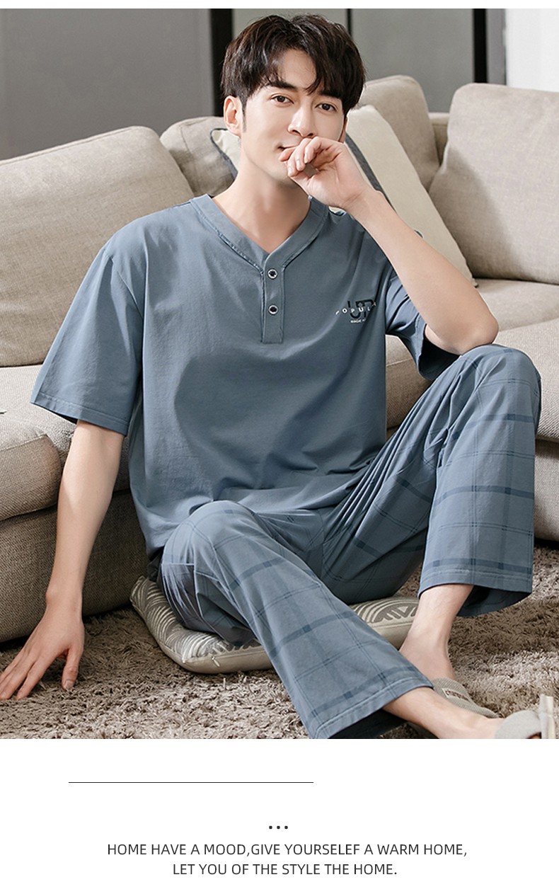 男夏季纯棉短袖长裤套头全棉男款套装夏天休闲大码可外穿男士居家服